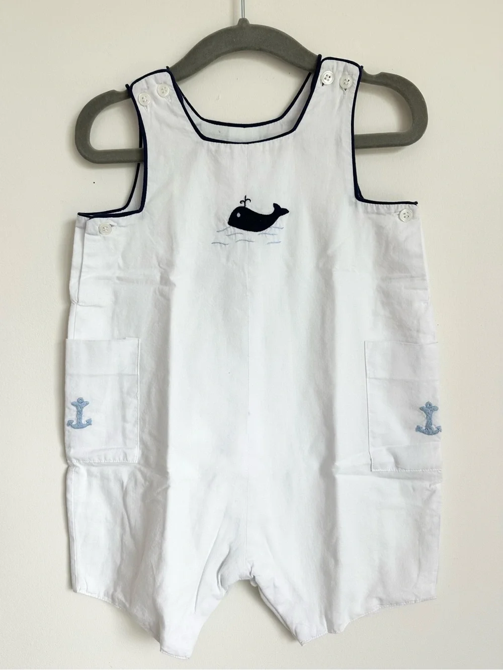 JEANINE JOHNSEN Baby Blue Romper with Navy Whale & Anchor Embroidery 6-12M